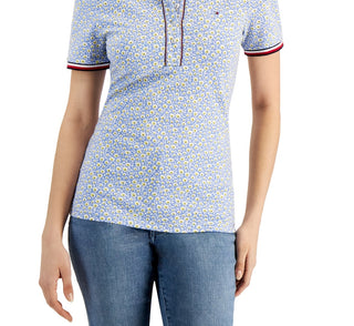 Tommy Hilfiger Women's Puff Sleeve Polo Top Blue Size Large