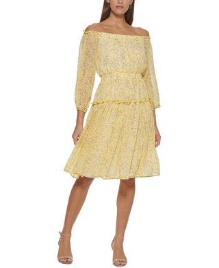 Tommy Hilfiger Women's Eloise Ditsy Print Off The Shoulder Dress Yellow Size 8