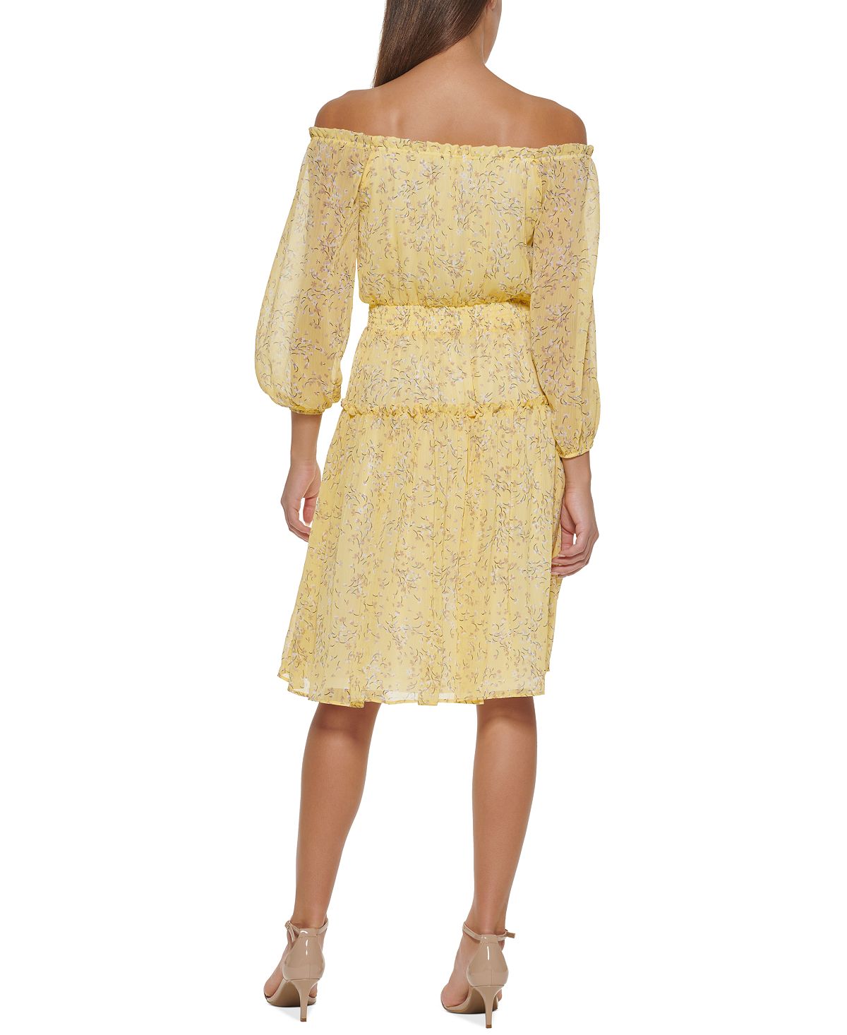 Tommy Hilfiger Women's Eloise Ditsy Print Off The Shoulder Dress Yellow Size 8