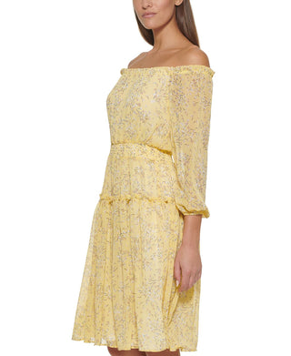 Tommy Hilfiger Women's Eloise Ditsy Print Off The Shoulder Dress Yellow Size 8