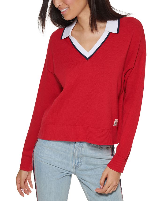 Tommy Hilfiger Women's Johnny Collar Sweater Red Size Medium