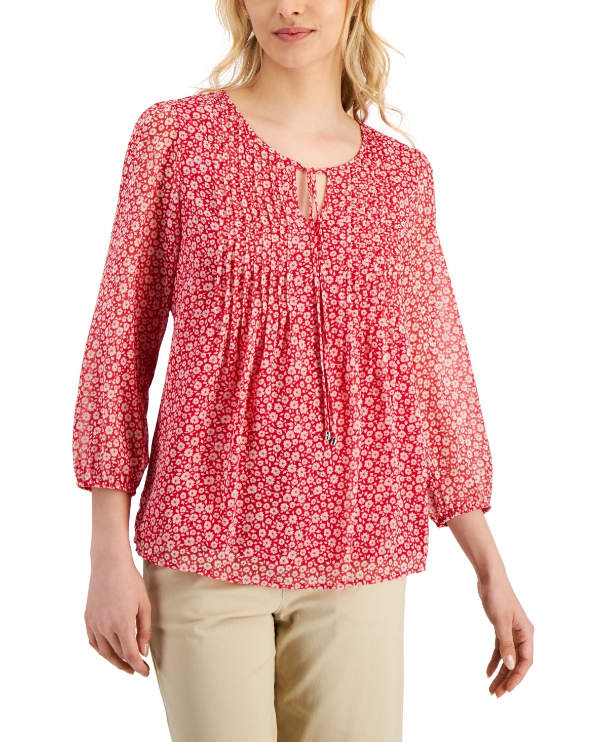 Tommy Hilfiger Women's Pintucked Floral Print Top Red Size Medium