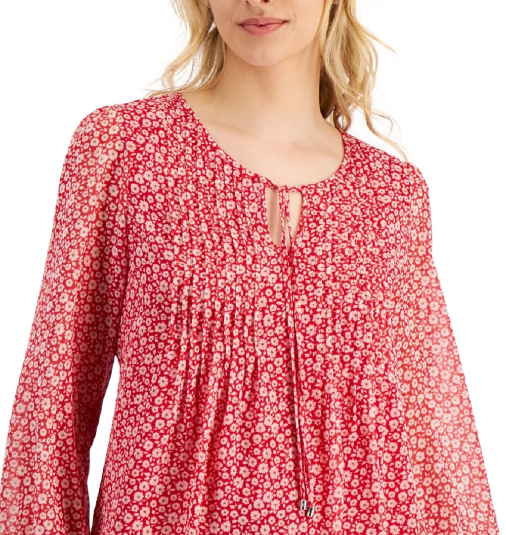 Tommy Hilfiger Women's Pintucked Floral Print Top Red Size Medium