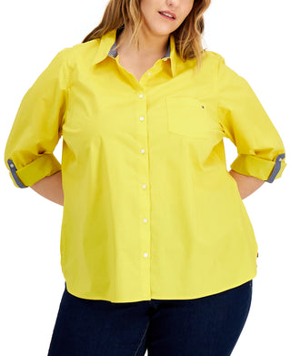 Tommy Hilfiger Women's Cotton Roll Tab Shirt Yellow Size 2X