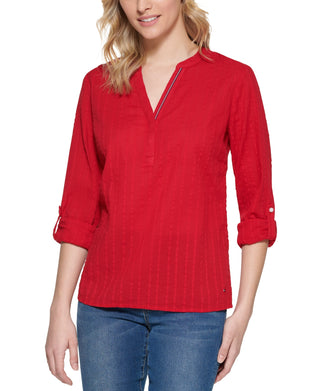 Tommy Hilfiger Women's Striped Cotton Tunic Top Red Size Medium