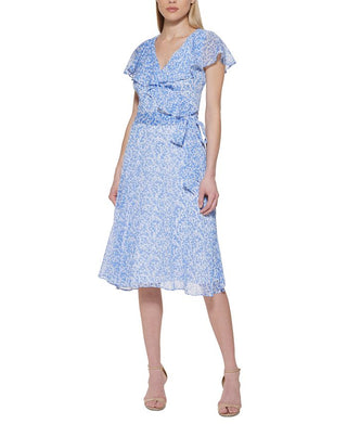 Tommy Hilfiger Women's Printed Capelet Midi Dress Blue Size 12