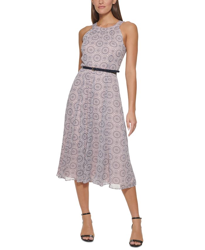 Tommy Hilfiger Women's Printed Belted Midi Dress Pink Size 8