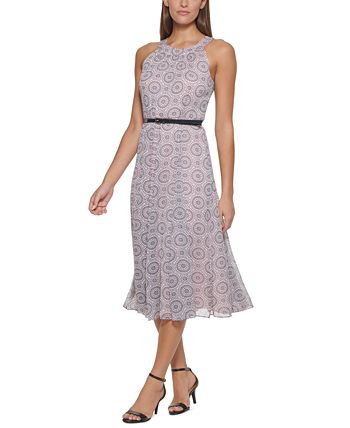 Tommy Hilfiger Women's Printed Belted Midi Dress Pink Size 8