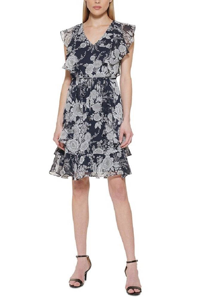 Tommy Hilfiger Women's Floral Print Fit & Flare Dress Blue Size 8