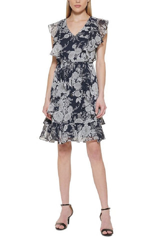 Tommy Hilfiger Women's Floral Print Fit & Flare Dress Blue Size 8
