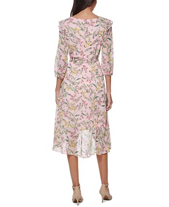 Tommy Hilfiger Women's Printed Balloon Sleeve Faux Wrap Dress Pink Size 2