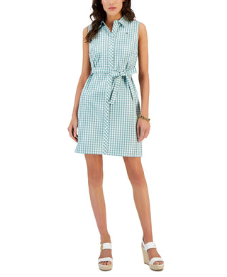 Tommy Hilfiger Women's Gingham Print Woven Dress Belted Size M