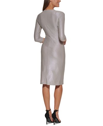 Tommy Hilfiger Women's Fog Foil Knit Ruched Sheath Dress Beige Size Large