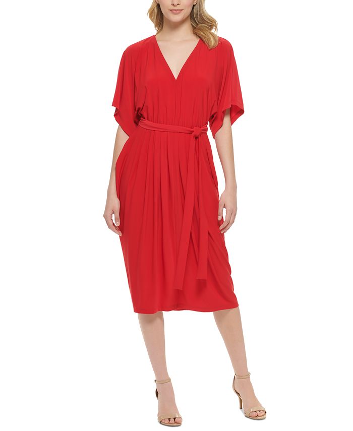 Tommy Hilfiger Women's V Neck Tie Waist Midi Dress Red Size 12