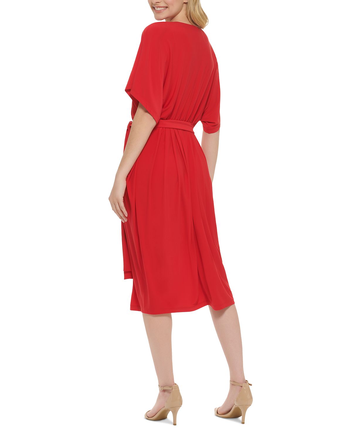 Tommy Hilfiger Women's V Neck Tie Waist Midi Dress Red Size 12