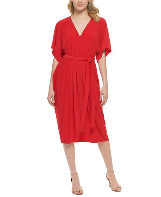 Tommy Hilfiger Women's V Neck Tie Waist Midi Dress Red Size 6
