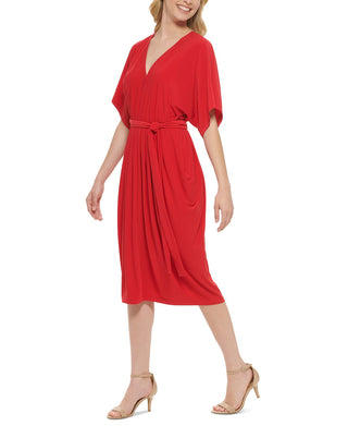 Tommy Hilfiger Women's V Neck Tie Waist Midi Dress Red Size 6