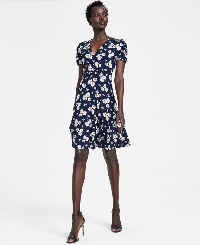 Tommy Hilfiger Women's Shirred Sleeve Surplice Dress Blue Size 6Petite