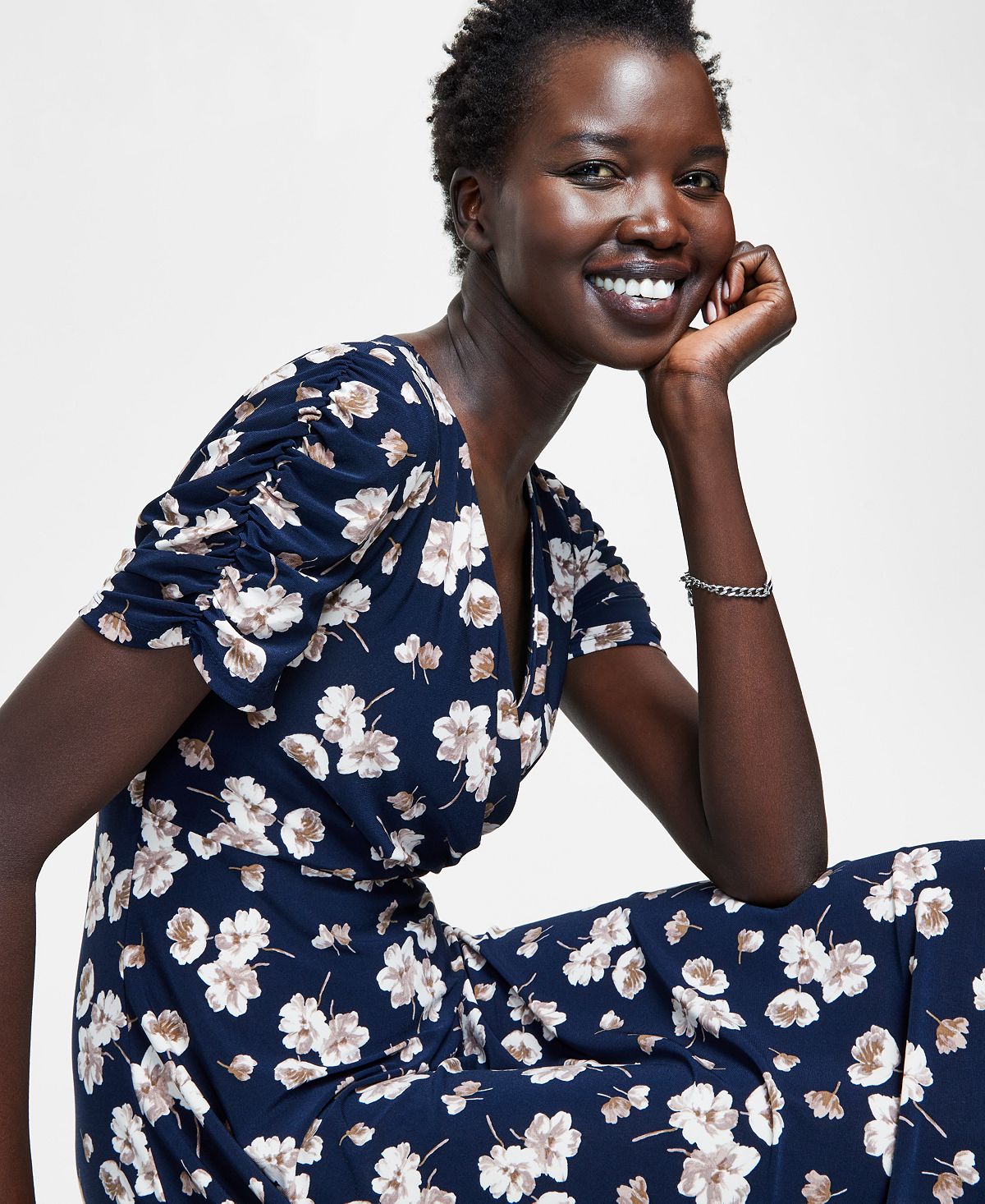 Tommy Hilfiger Women's Shirred Sleeve Surplice Dress Blue Size 4Petite