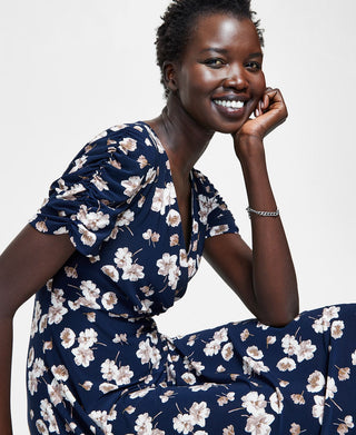 Tommy Hilfiger Women's Shirred Sleeve Surplice Dress Blue Size 4Petite