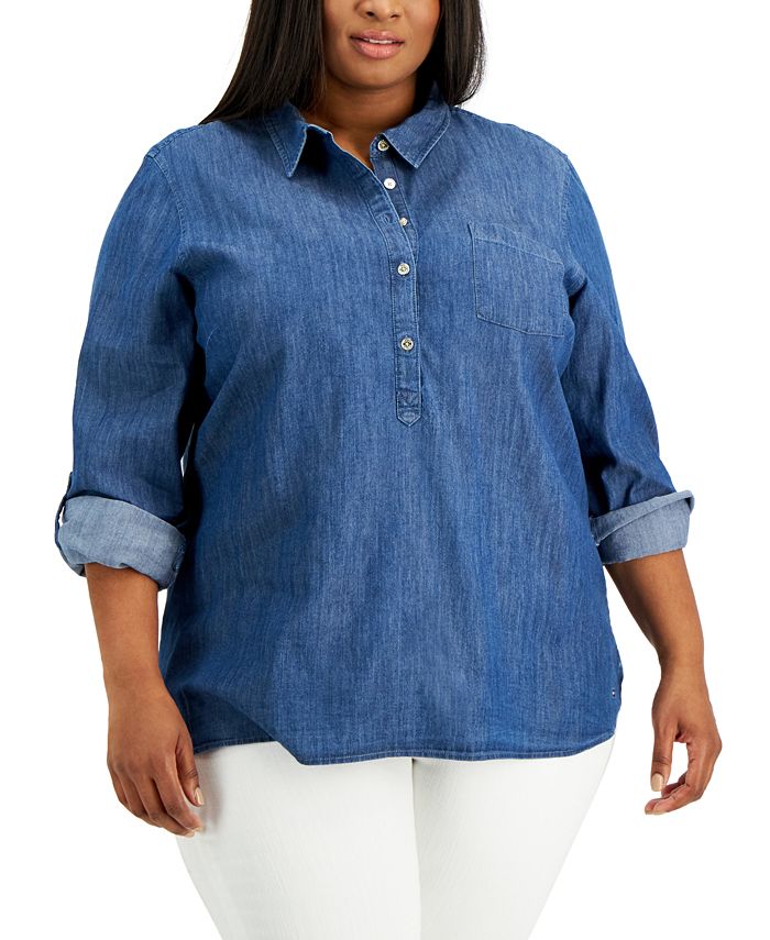 Tommy Hilfiger Women's Chambray Popover Top Blue Size 2X