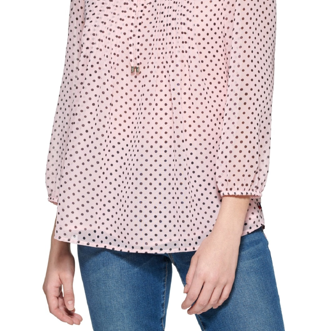 Tommy Hilfiger Women's Dot Keyhole Blouse Pink Size Medium