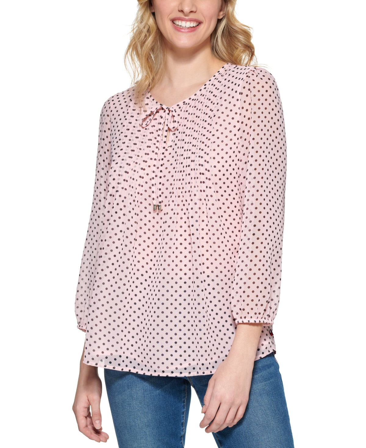 Tommy Hilfiger Women's Dot Keyhole Blouse Pink Size Medium