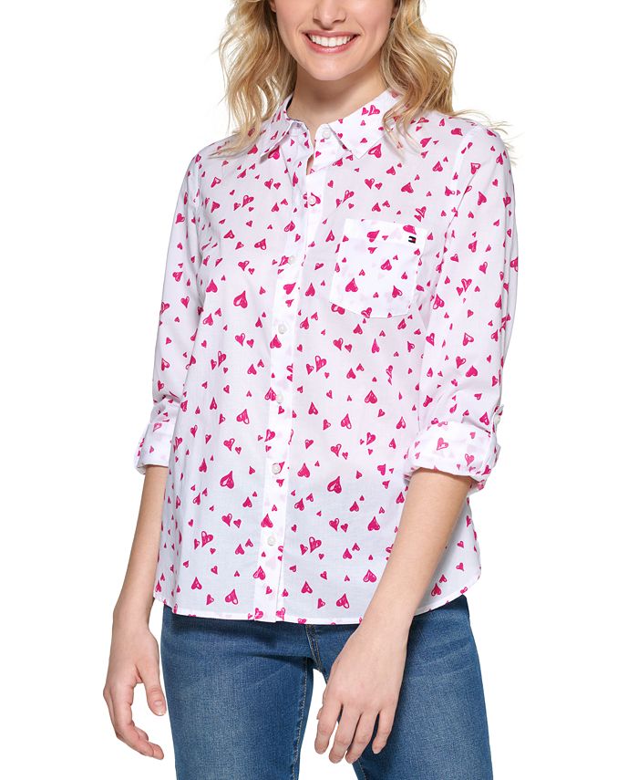 Tommy Hilfiger Women's Flutter Hearts Button Down Blouse White Size X-Large