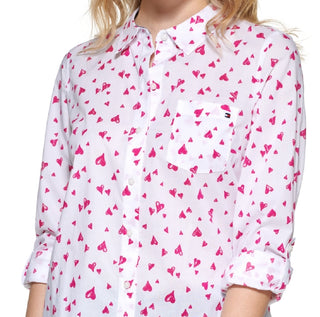 Tommy Hilfiger Women's Flutter Hearts Button Down Blouse White Size X-Large
