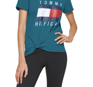 Tommy Hilfiger Women's Tie Front Logo T-Shirt Blue Size X-Small