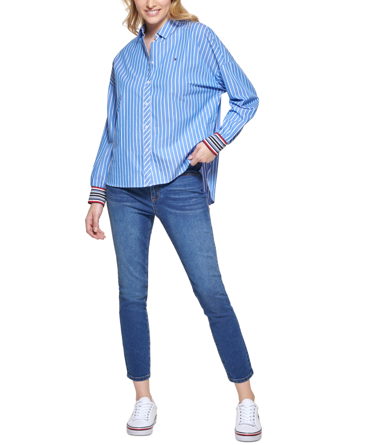 Tommy Hilfiger Women's Cotton Hi Low Button Down Top Blue Size X-Large