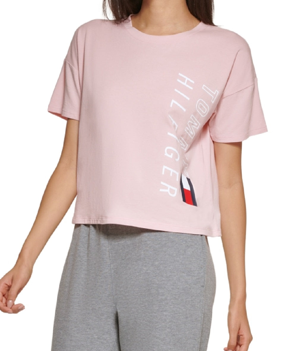 Tommy Hilfiger Women's Cropped Logo T Shirt Pink Size XX Large