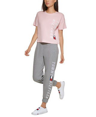 Tommy Hilfiger Women's Cropped Logo T Shirt Pink Size XX Large