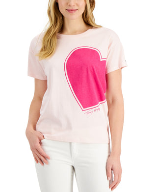 Tommy Hilfiger Women's Crew Neck Heart Graphic T Shirt Pink Size Medium