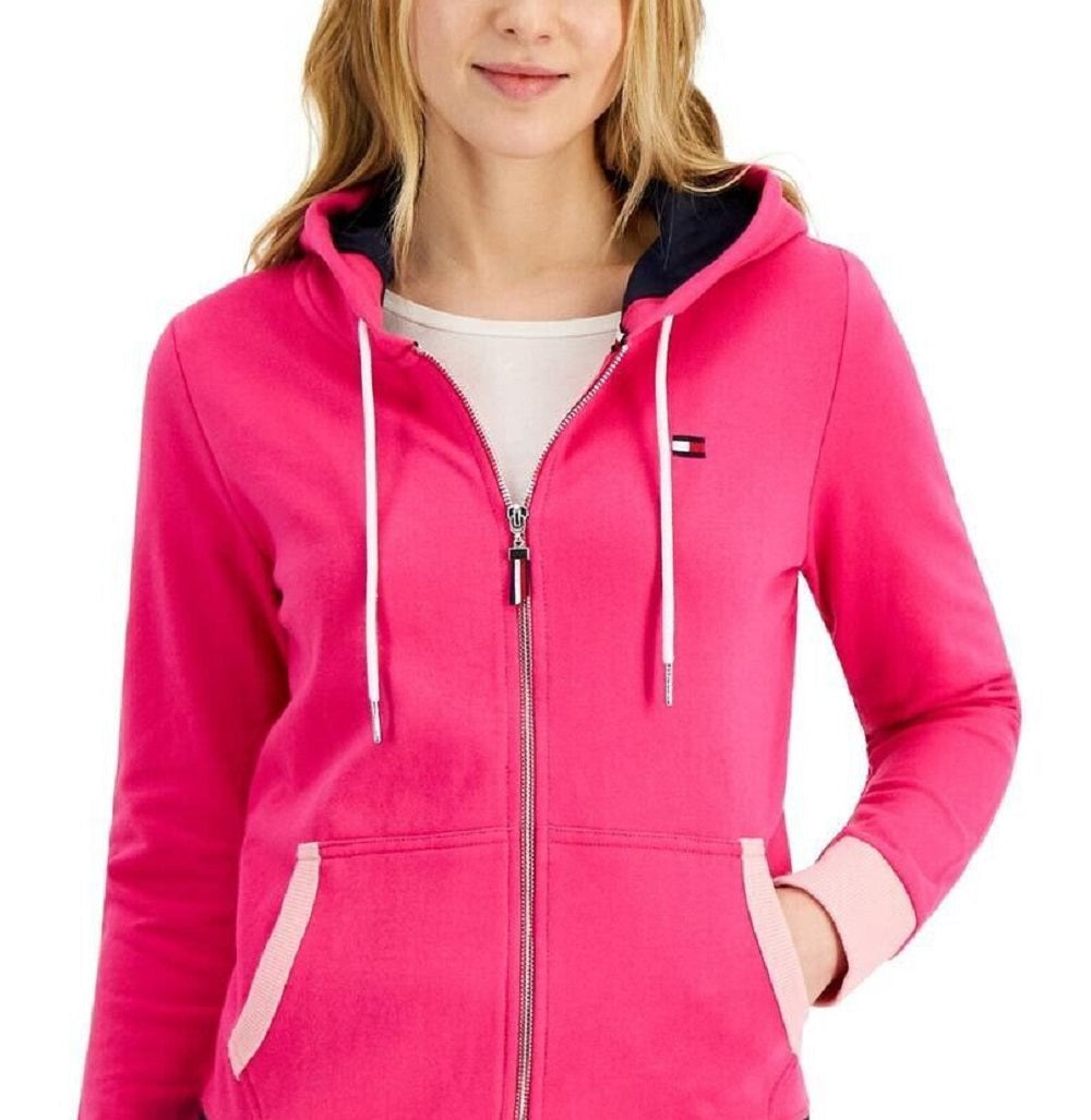 Tommy Hilfiger Women's Zip Front Colorblocked Hoodie Pink Size Large