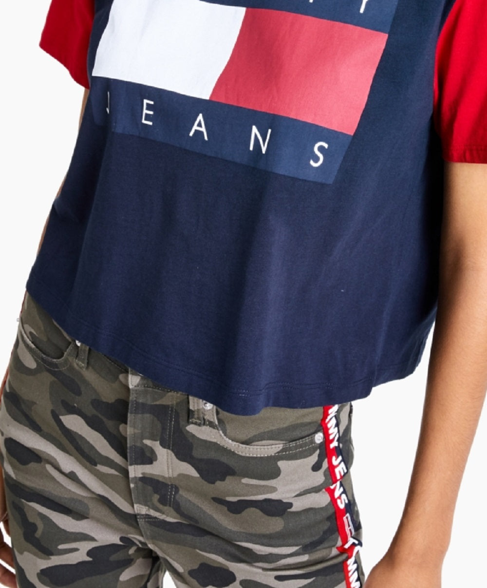 Tommy Jeans Women's Cotton Cropped Colorblocked Flag T-Shirt Blue Size X-Large