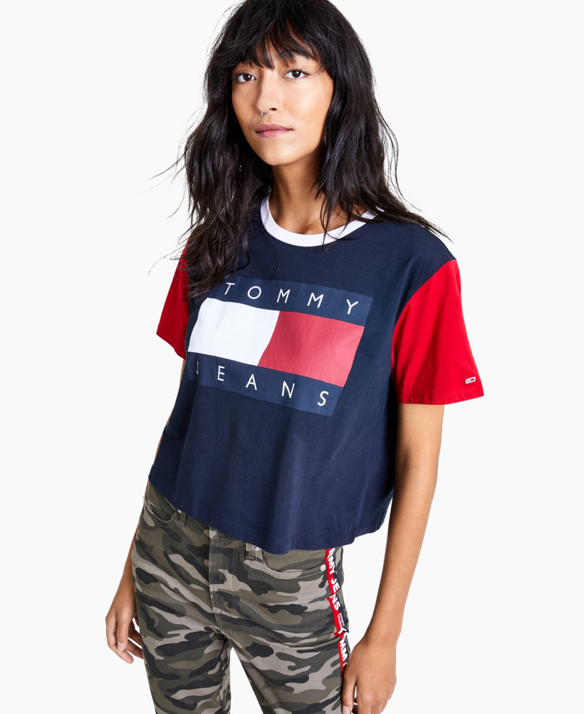 Tommy Jeans Women's Cotton Cropped Colorblocked Flag T-Shirt Blue Size X-Large