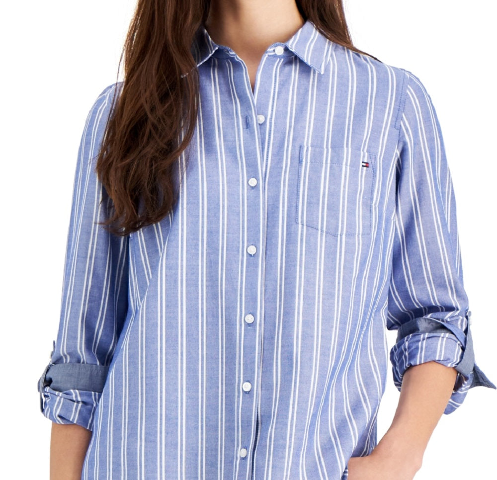 Tommy Hilfiger Women's Striped Roll Tab Shirt Blue Size XX Large