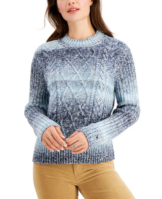 Tommy Hilfiger Women's Cable Knit Ombre Crewneck Sweater Blue Size Medium