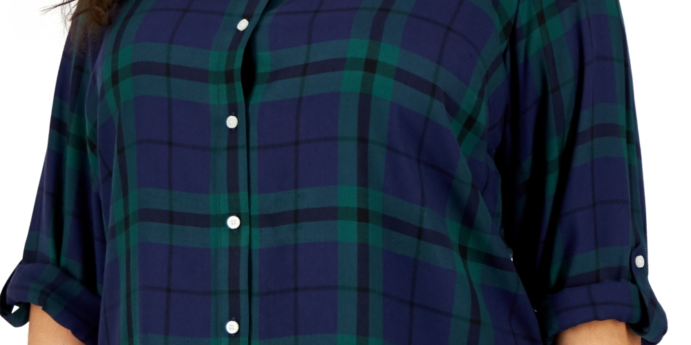 Tommy Hilfiger Women's Plaid Pointed Collar Button Down Top Blue Size 3X