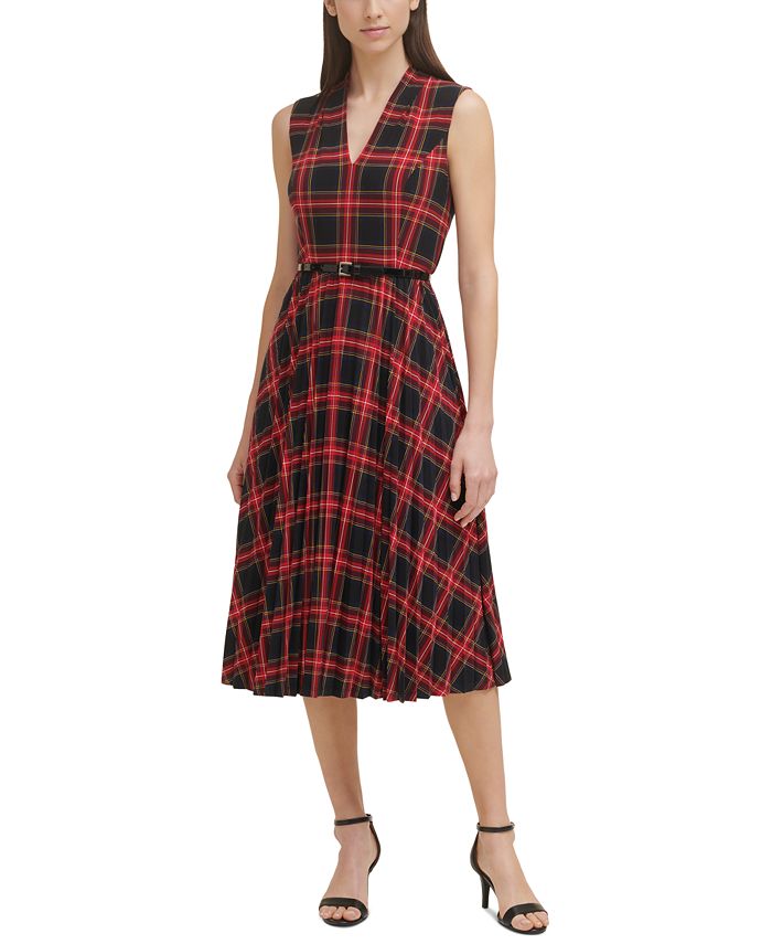 Tommy Hilfiger Women's V Neck Sleeveless Plaid Jersey Midi Dress Black Size 6