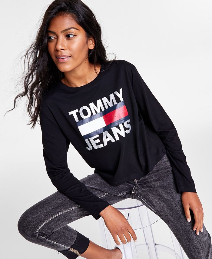 Tommy Jeans Women's Cotton Logo Graphic Top Black Size Large