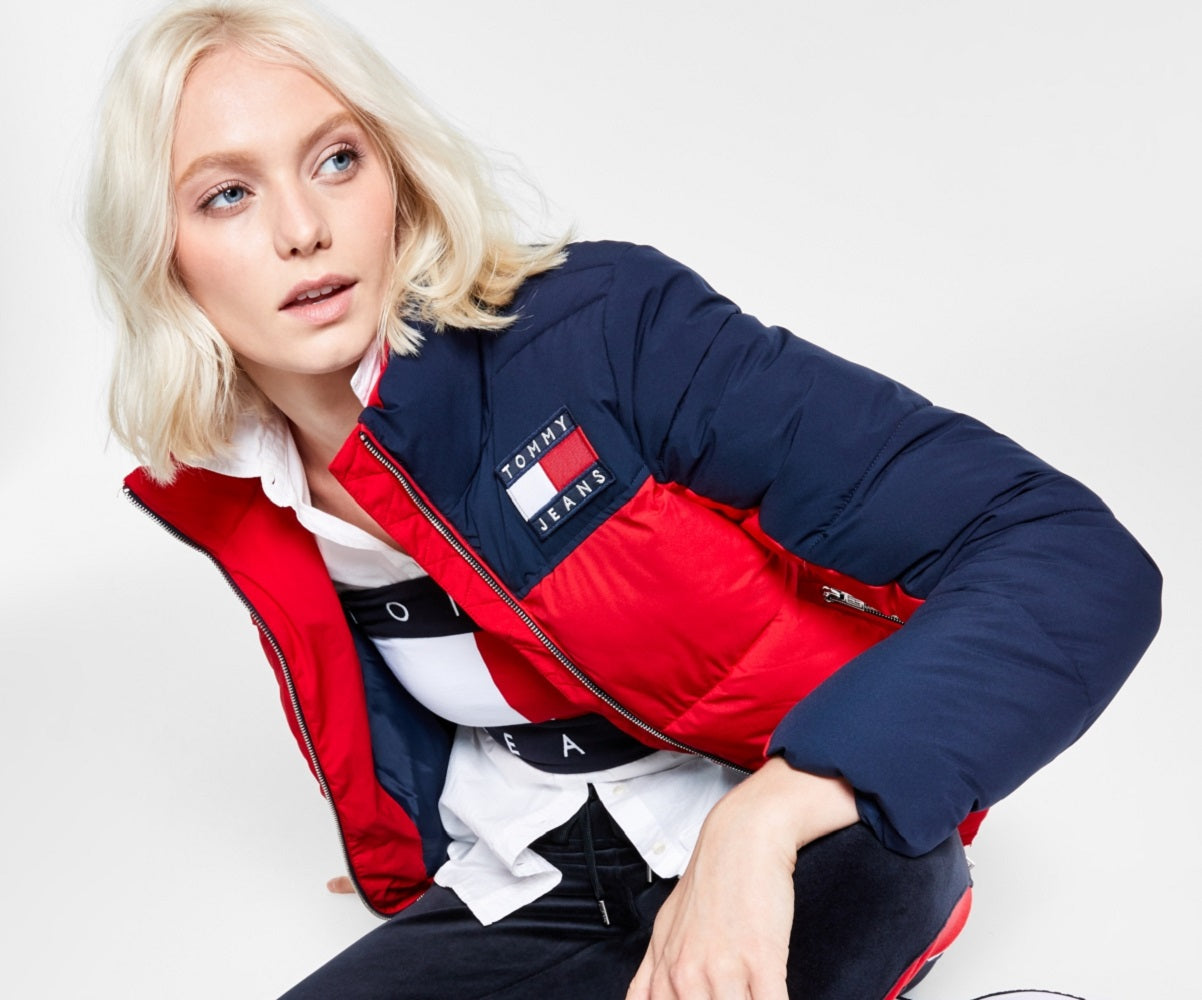 Tommy Jeans Women's Colorblocked Puffer Coat Red Size Large