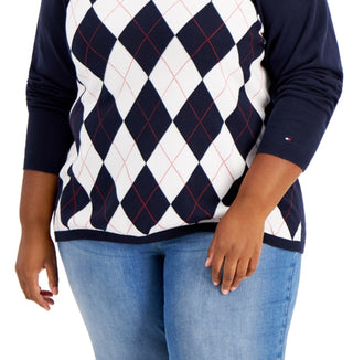 Tommy Hilfiger Women's Cotton Argyle Sweater Blue Size 0X