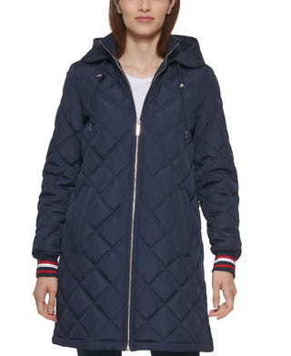 Tommy Hilfiger Women's Hooded Quilted Coat Blue Size Large