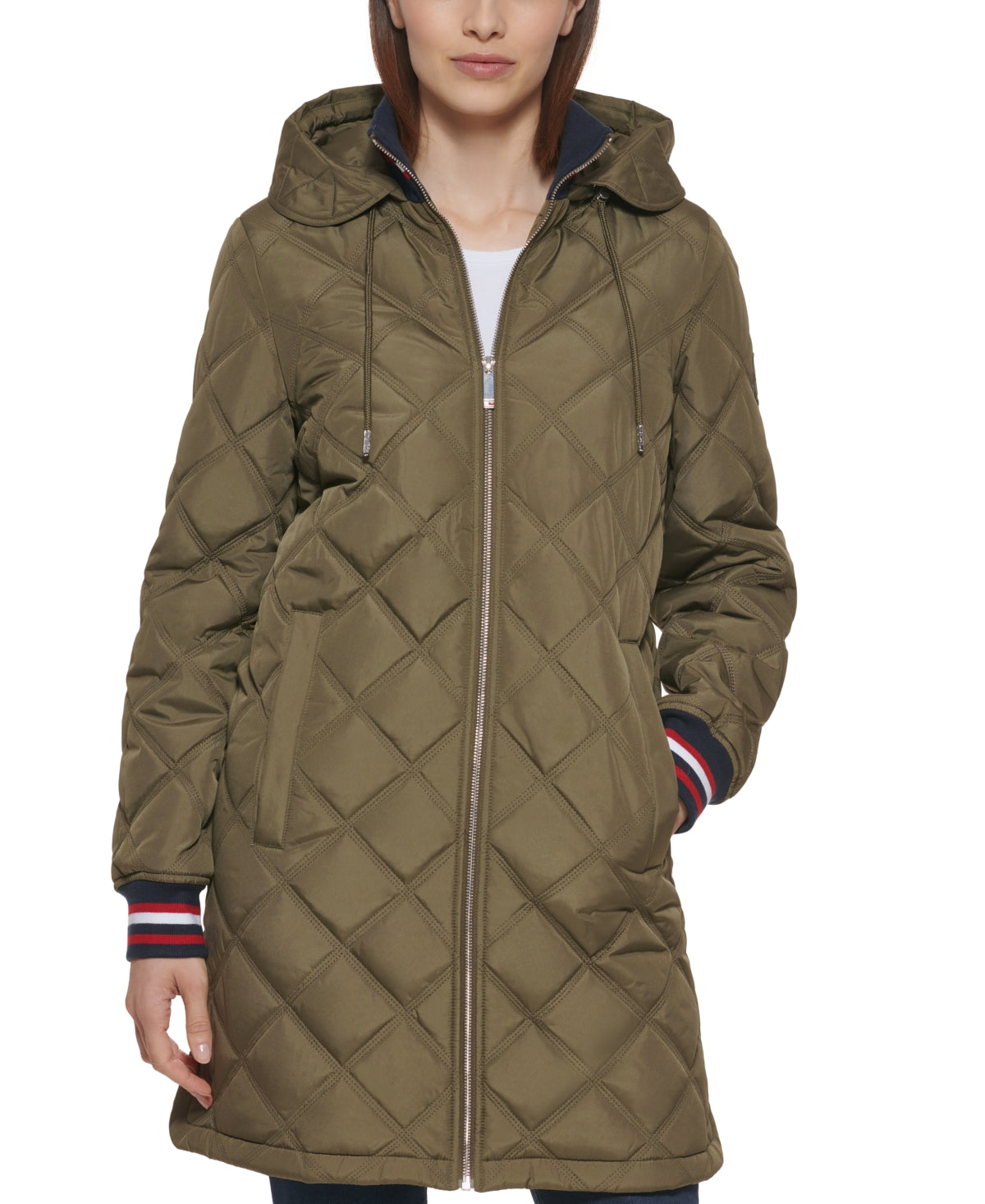 Tommy Hilfiger Women's Hooded Quilted Coat Green Size Large