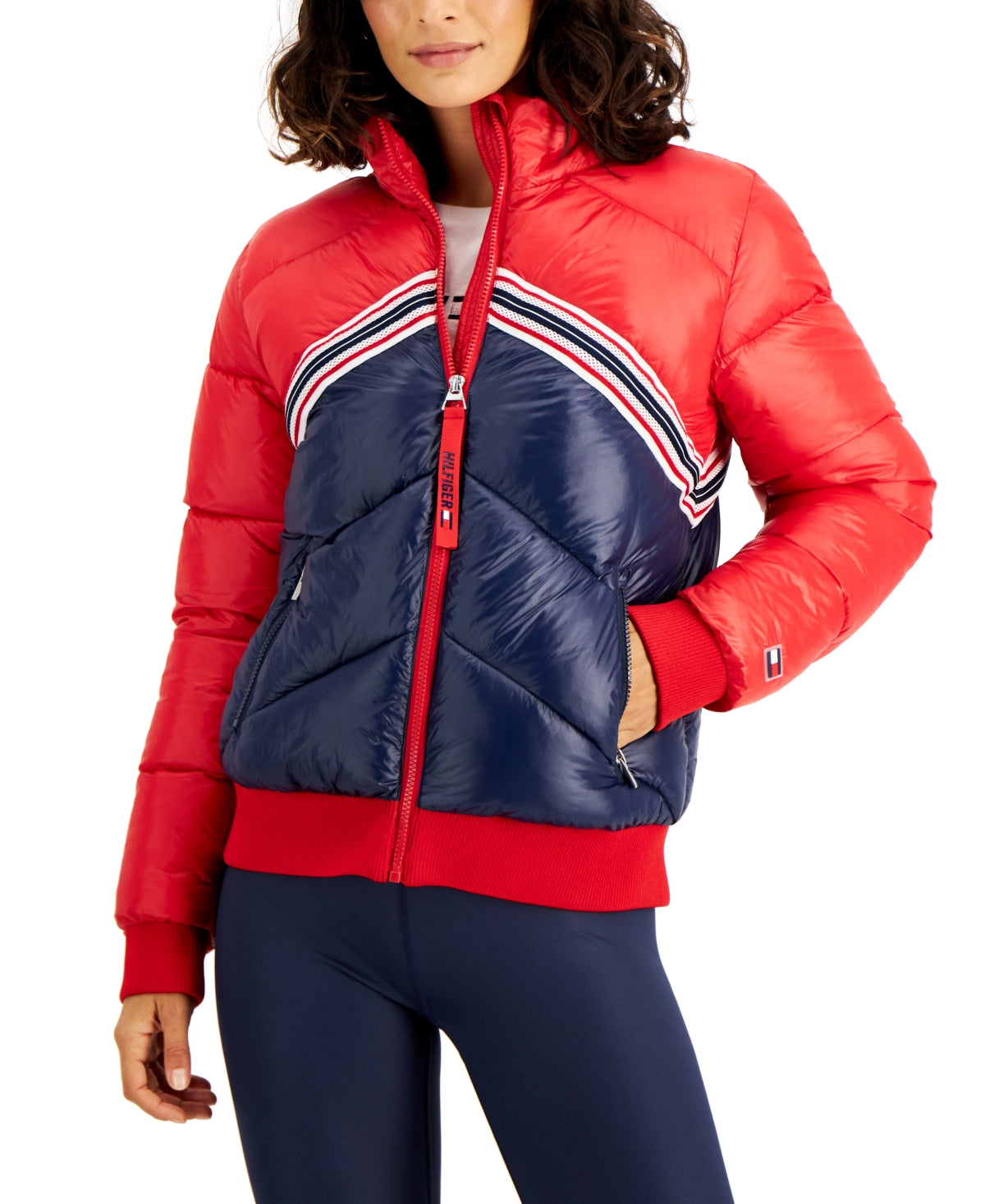 Tommy Hilfiger Women's Sport Colorblocked Puffer Jacket Red Size Small