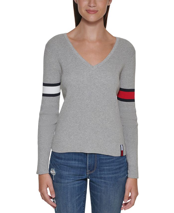 Tommy Jeans Women's Cotton V Neck Flag Sleeve Sweater Gray Size Large