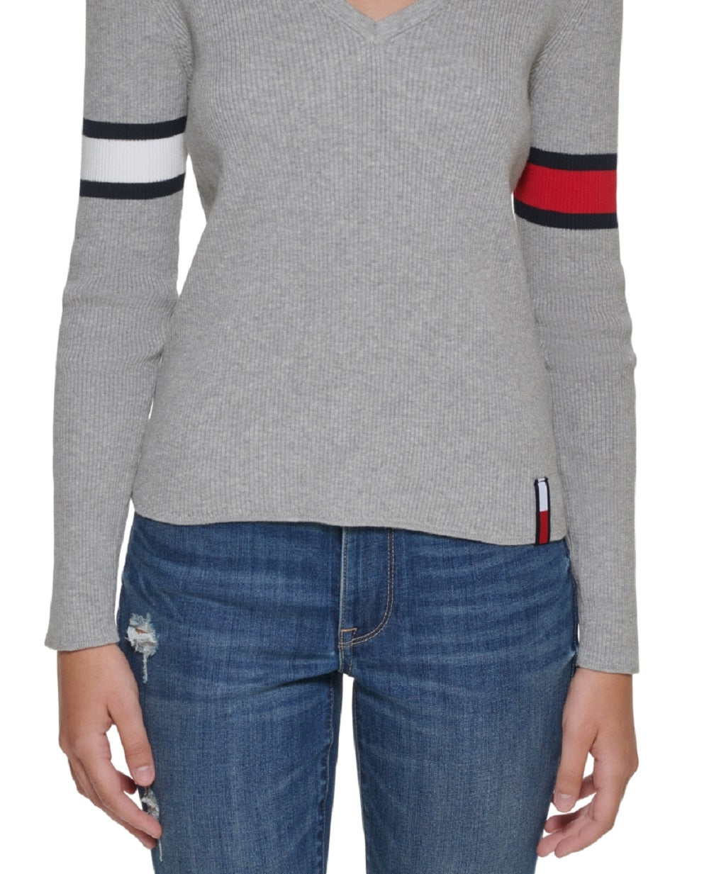 Tommy Jeans Women's Cotton V Neck Flag Sleeve Sweater Gray Size Large