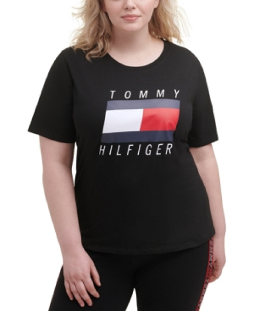 Tommy Hilfiger Women's Stretch Logo Graphic Short Sleeve Crew Neck T-Shirt Black Size 3X